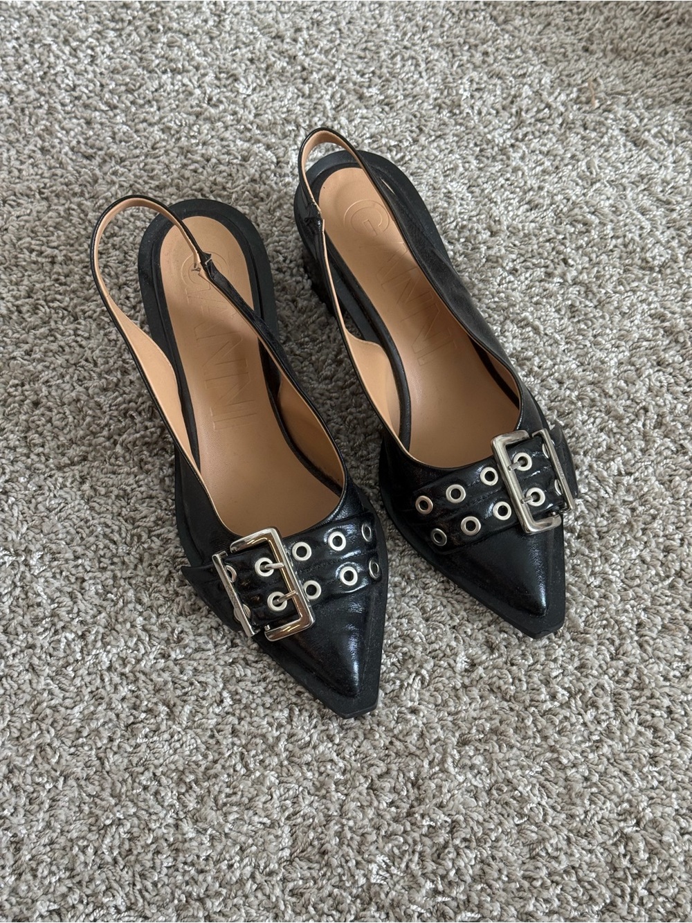 Ganni Black Pointed Slingback Heels with Silver Buckle Detail